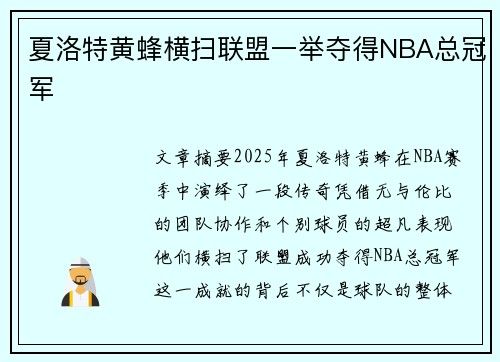 夏洛特黄蜂横扫联盟一举夺得NBA总冠军