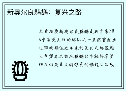 新奥尔良鹈鹕：复兴之路